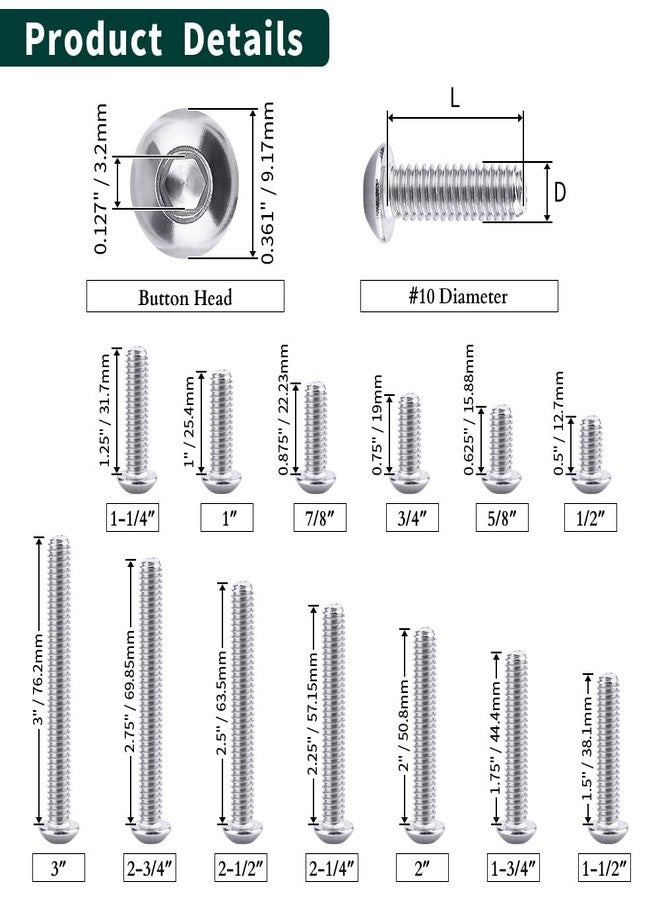 EASTLO #10-32 x 1/2" (50 PCS) Button Head Socket Cap Bolts Screws, 304 Stainless Steel 18-8, Allen Hex Drive, Full Thread - Image 4